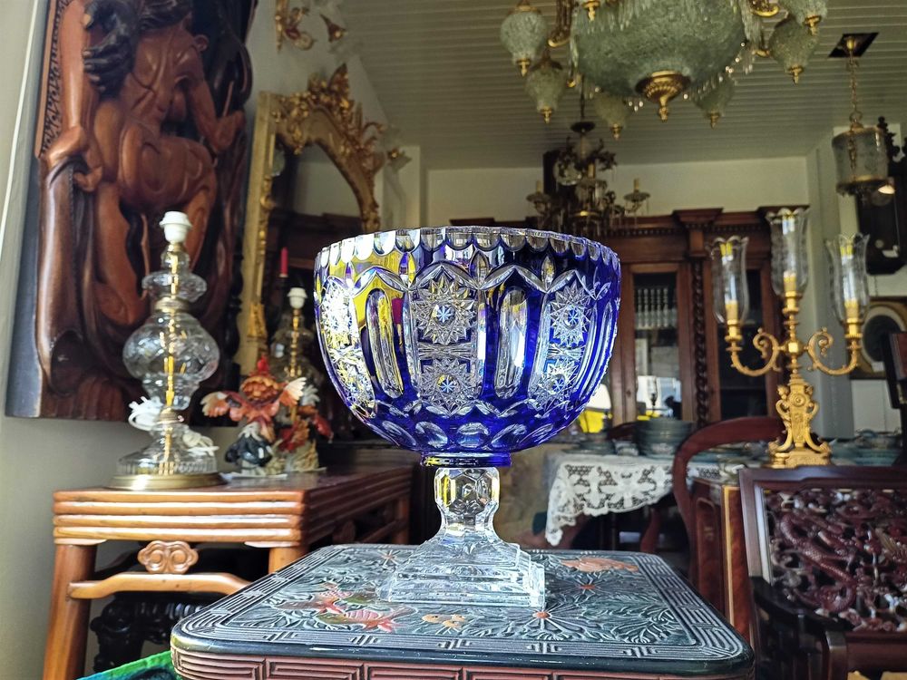 Fruteira Cristal Lapidado Azul