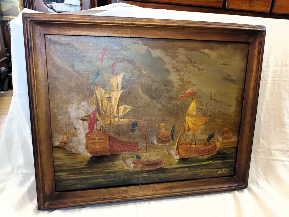 Quadro Óleo Sobre Tela Batalha Naval