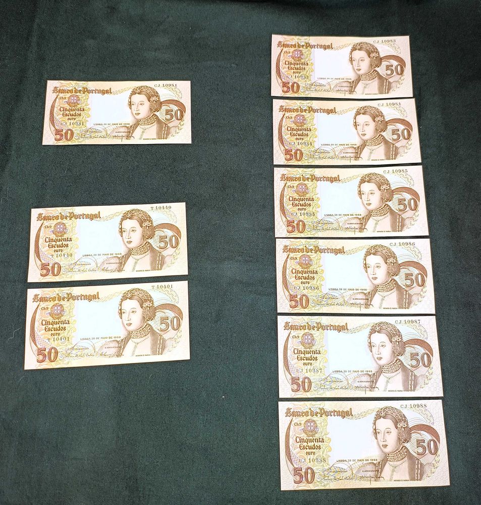 Lote de 9 Notas de 50 Escudos 1968 (Infanta D. Maria) – Estado Soberbo